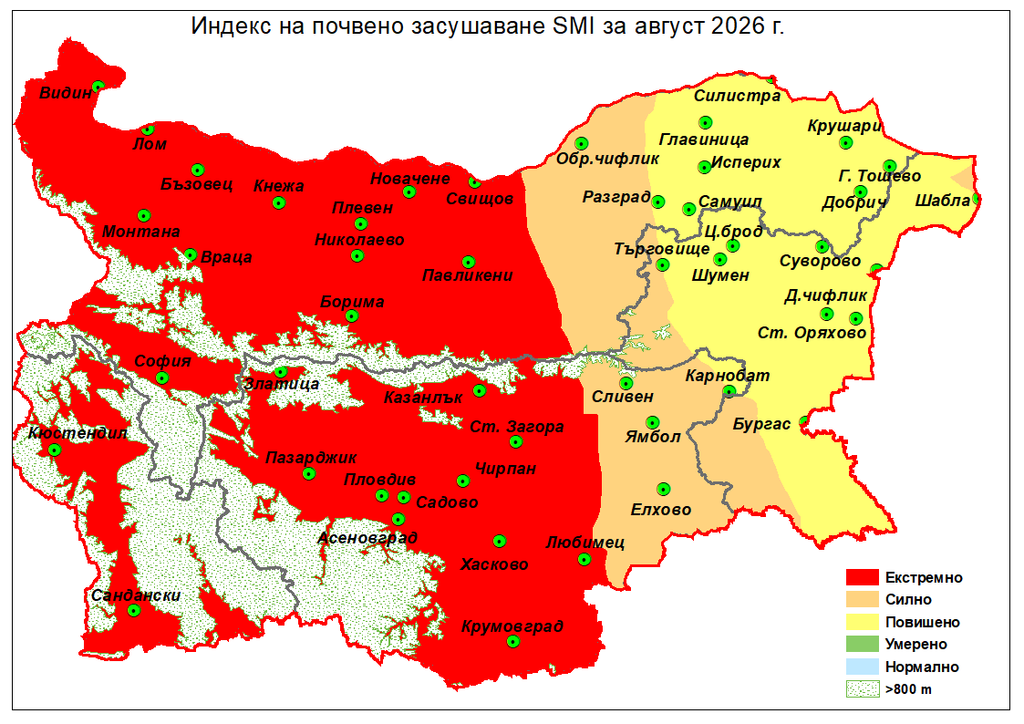 Карта на НИМХ за засушаването в България август 2026